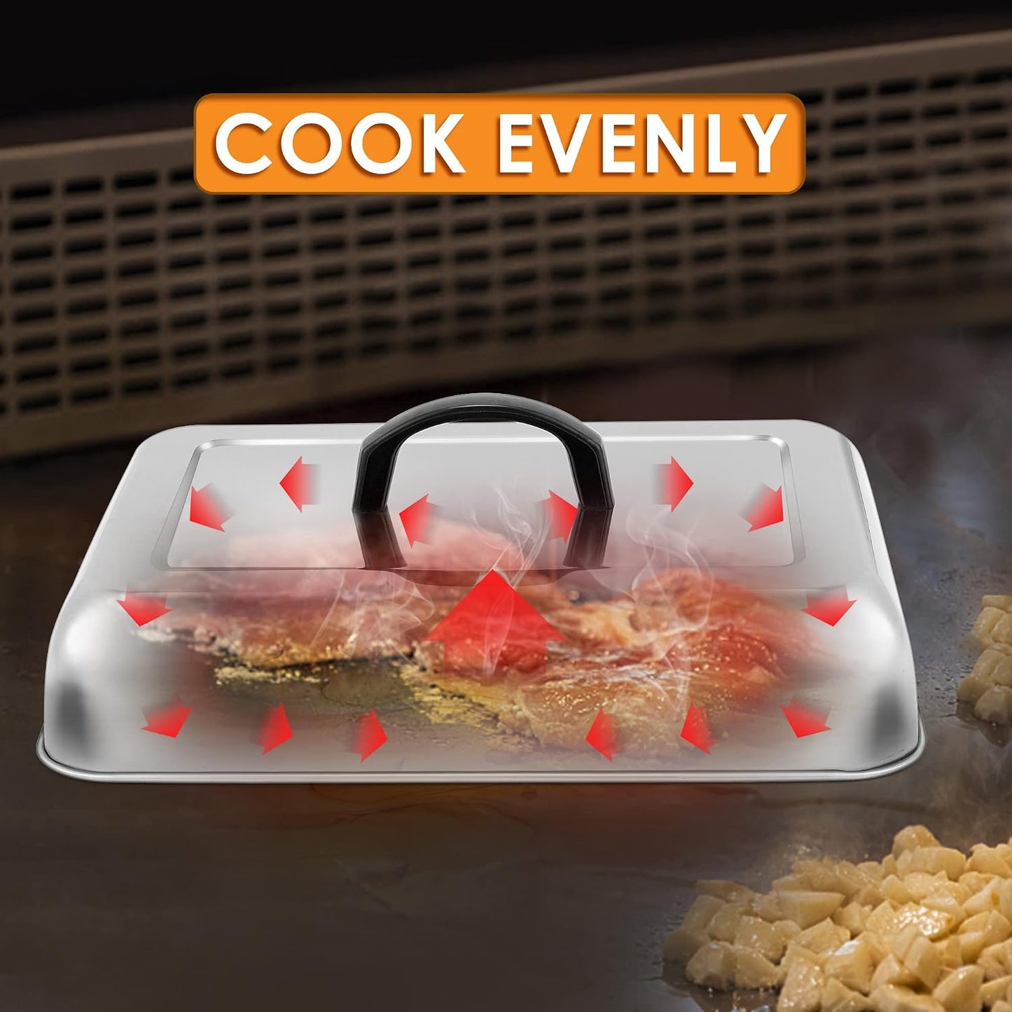 Leonyo 13 x 9 Inch Rectangular Basting Cover Set of 2, Stainless Steel Cheese Melting Dome Lid with Adjustable Vent Heavy Duty for Outdoor&Indoor Flat Top Griddle Accessories Teppanyaki BBQ Grilling