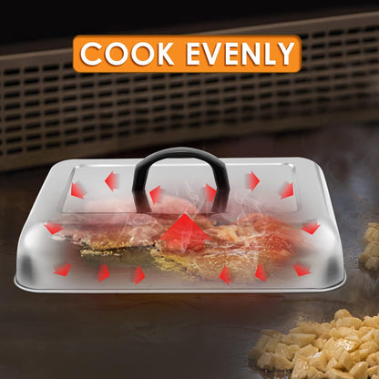 Leonyo 13 x 9 Inch Rectangular Basting Cover Set of 2, Stainless Steel Cheese Melting Dome Lid with Adjustable Vent Heavy Duty for Outdoor&Indoor Flat Top Griddle Accessories Teppanyaki BBQ Grilling