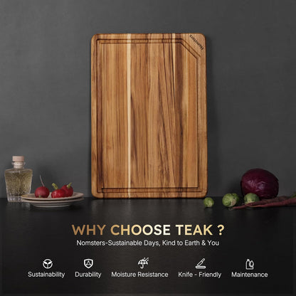 3 Pack Teak Wood Cutting Board Set with Holder Non Slip Over Sink Wooden Chopping Board for Fresh Meat Vegetable Thick Haus Perfect for Charcuterie Juice Groove Kitchen Accessories - FSC Certified
