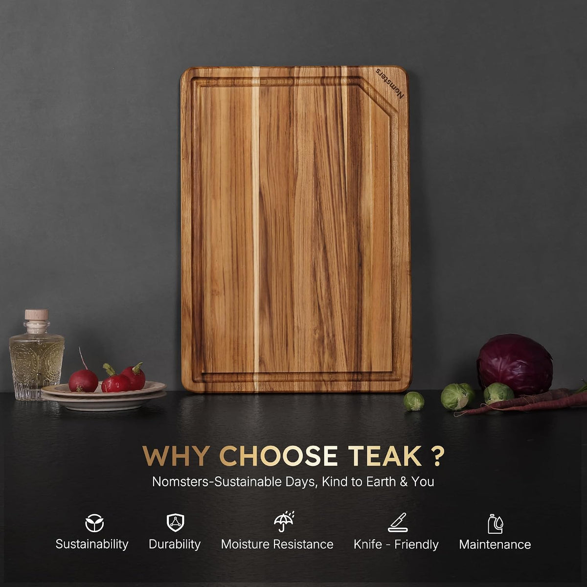 3 Pack Teak Wood Cutting Board Set with Holder Non Slip Over Sink Wooden Chopping Board for Fresh Meat Vegetable Thick Haus Perfect for Charcuterie Juice Groove Kitchen Accessories - FSC Certified