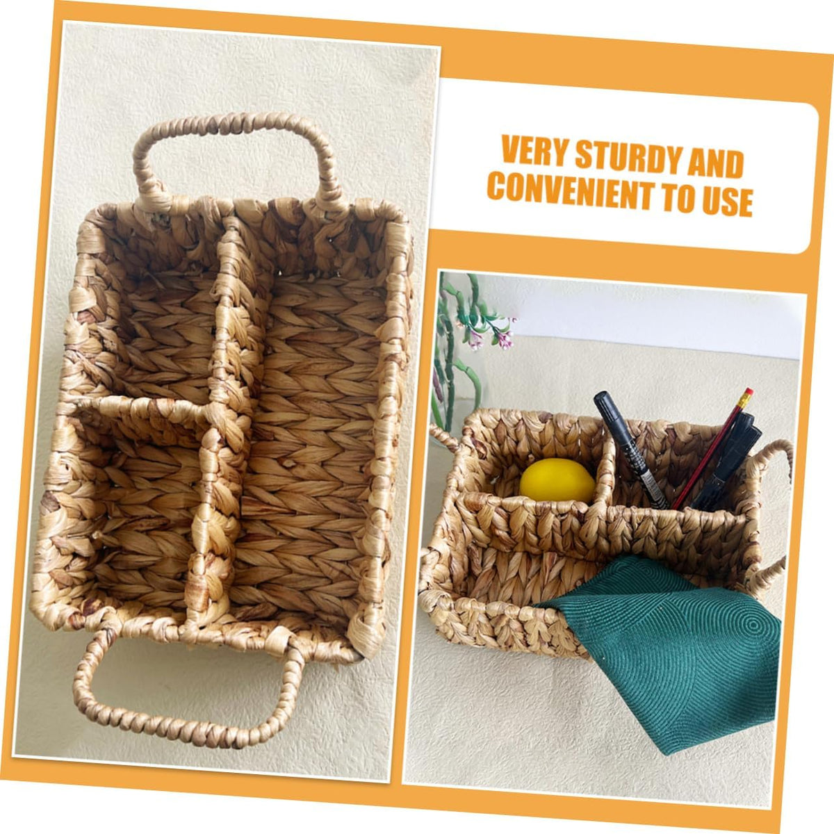 VOSAREA Woven Storage Basket with Divided Compartments Rustic Handcrafted Cutlery Organizer for Home Kitchen Living Room Stylish Sundries Management