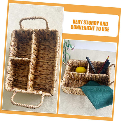 VOSAREA Woven Storage Basket with Divided Compartments Rustic Handcrafted Cutlery Organizer for Home Kitchen Living Room Stylish Sundries Management