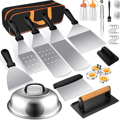 Griddle Accessories Kit, Terlulu 29 PCS Flat Top Grill Accessories for Blackstone and Camp Chef, Metal Spatula Set with Burger Press, Melting Dome, Scraper, Tongs, Carry Bag for Outdoor Grilling BBQ