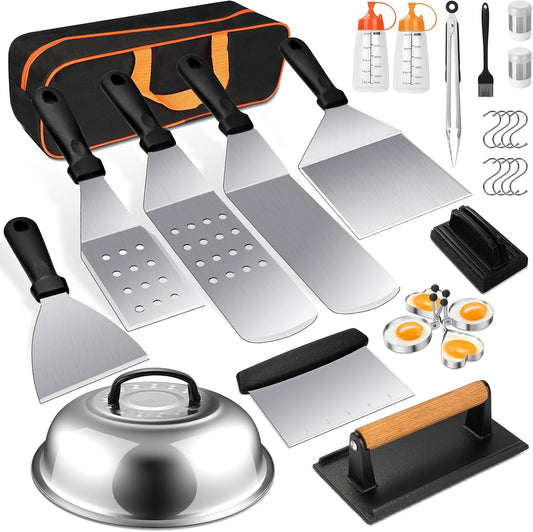 Griddle Accessories Kit, Terlulu 29 PCS Flat Top Grill Accessories for Blackstone and Camp Chef, Metal Spatula Set with Burger Press, Melting Dome, Scraper, Tongs, Carry Bag for Outdoor Grilling BBQ