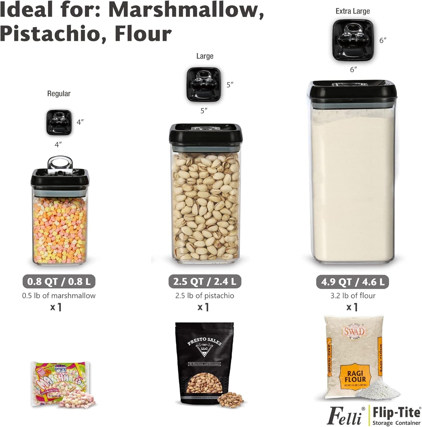 Felli Flip Tite Acrylic Food Storage Container with Lid 6” XL Air Tight Ring Seal Flip Top, Plastic Kitchen Baking Canister for 5 lb Flour Sugar Rice Protein Powder Pantry Organizer (Nest-M, White)
