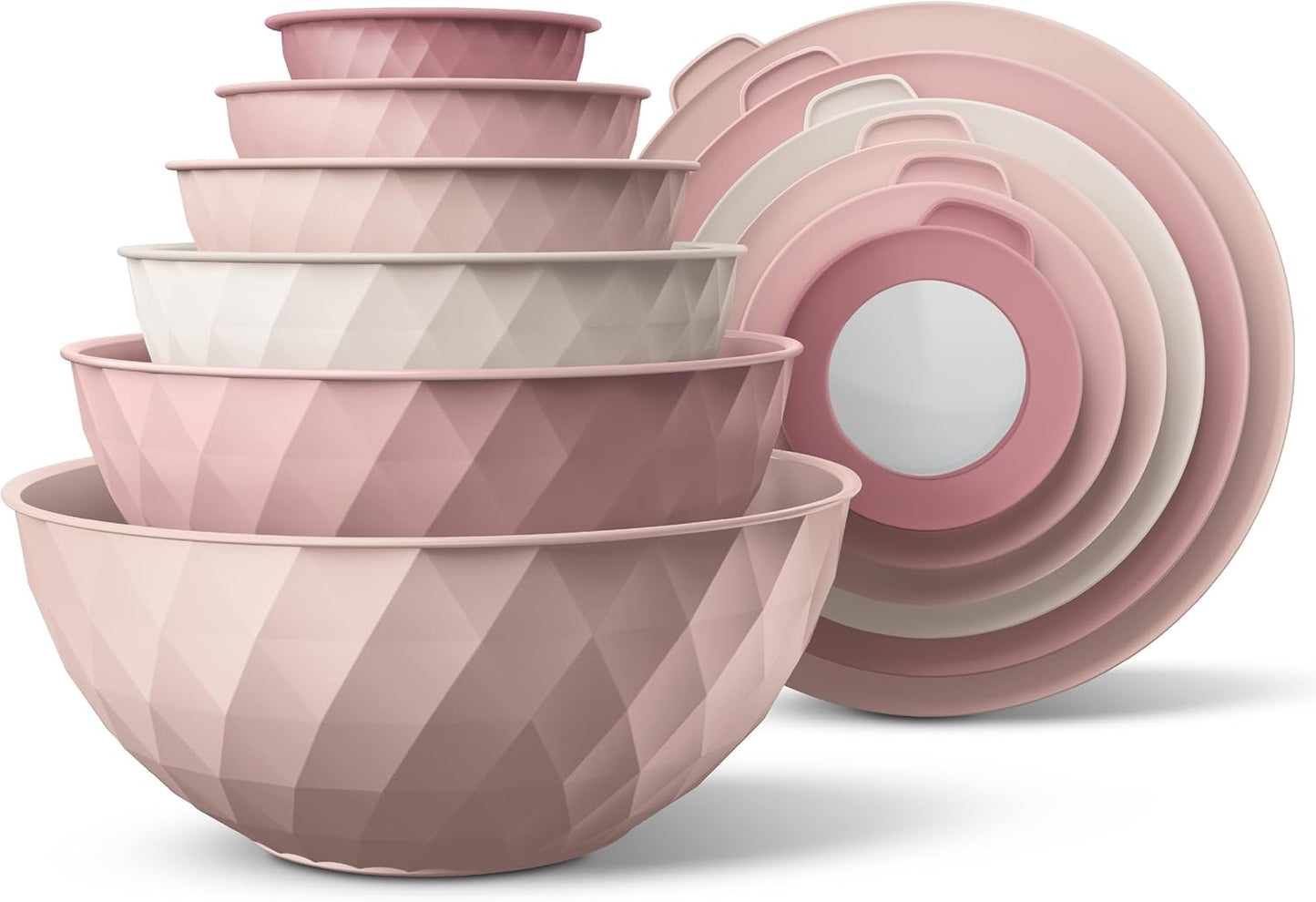COOK WITH COLOR Mixing Bowls with Lids - 12 Piece Plastic Nesting Bowls Set includes 6 Prep Bowls and 6 Lids, Microwave Safe Mixing Bowl Set, Pink Embossed - Colors B
