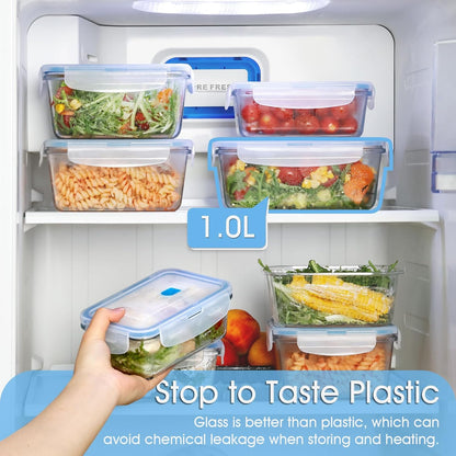 NUTRIUPS 34oz Glass Food Storage Containers with Lids, 1.0L Rectangle Meal Prep Containers, Airtight Reusable Lunch Container Set of 2