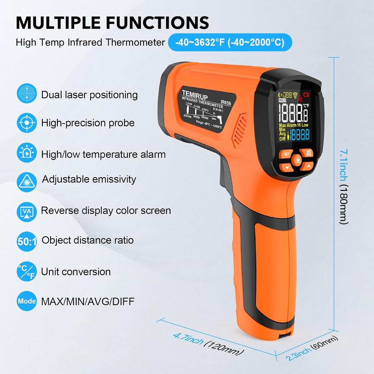 Infrared Thermometer Gun, Non Contact Digital Laser Thermometer Temperature Gun with Color LCD for Cooking, Home Repairs, Humidity Measurement, Adjustable Emissivity -58°F to 1472°F(-50~800°C)