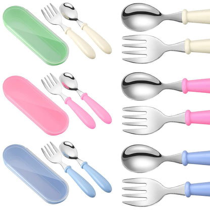 Patelai 9 Pcs Toddler Utensils with Case Stainless Steel Fork and Spoon Set Safe Baby Silverware Children Flatware Kids Cutlery with Round Handle for Lunchbox, Dishwasher Safe(Blue, Green, Pink)