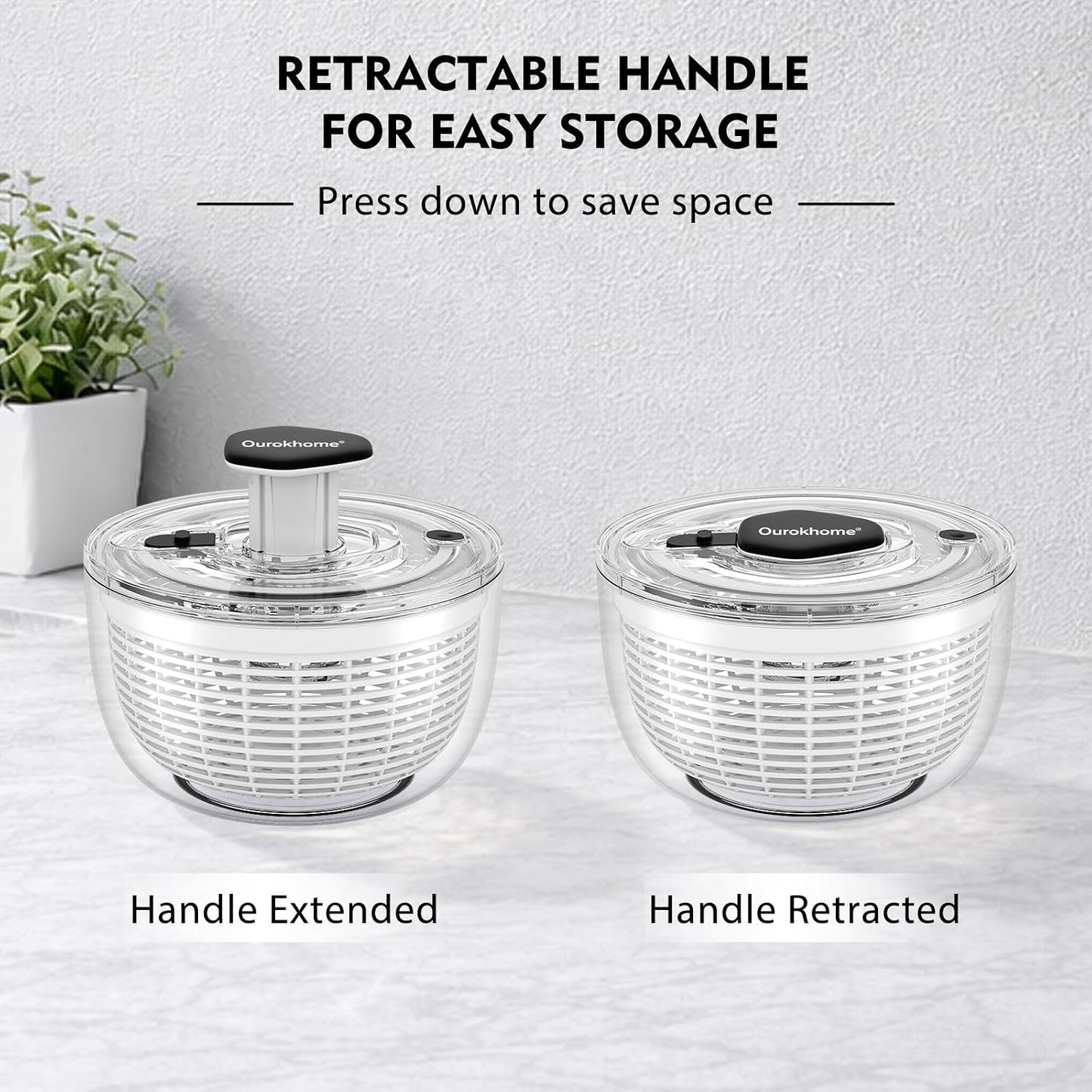 Ourokhome 6.3 QT Salad Spinner with Fully Removable Lid, Large Lettuce Dryer with One-Hand Press Pump, Instant Stop Brake Button and Retractable Handle, Vegetable Washer & Spinner for Greens and Herbs