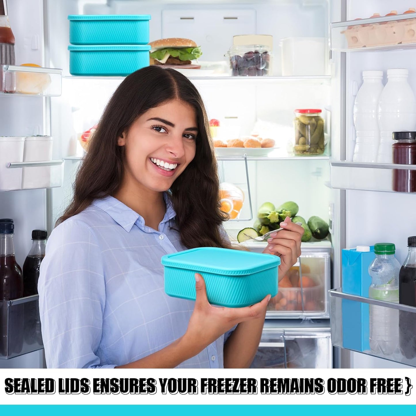 Nuogo 8 Pcs 6 Cup Silicone Freezer Trays with Lid Soup Containers Reusable Freezer Silicone Molds Rectangle Containers Ice Trays for Sauces Stews Curries, Lake Blue