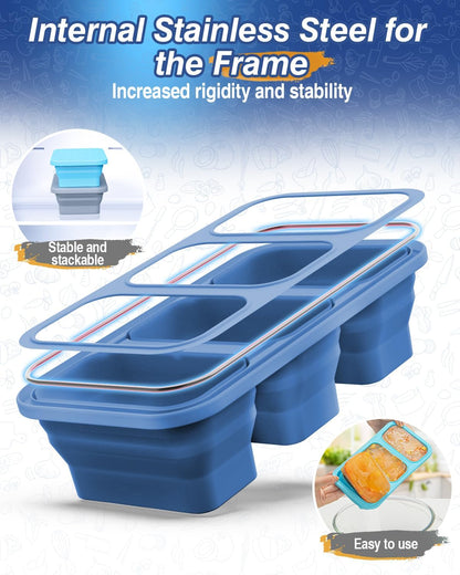 Silicone Freezer Trays With Lid, Stackable 1 Cup Silicone Freezer Molds, Easy To Use Soup Ice Cube Tray, Collapsible Freezing Molds for Meal Prep, Broth, Sauce, Leftovers, Soup Storage Gift Set