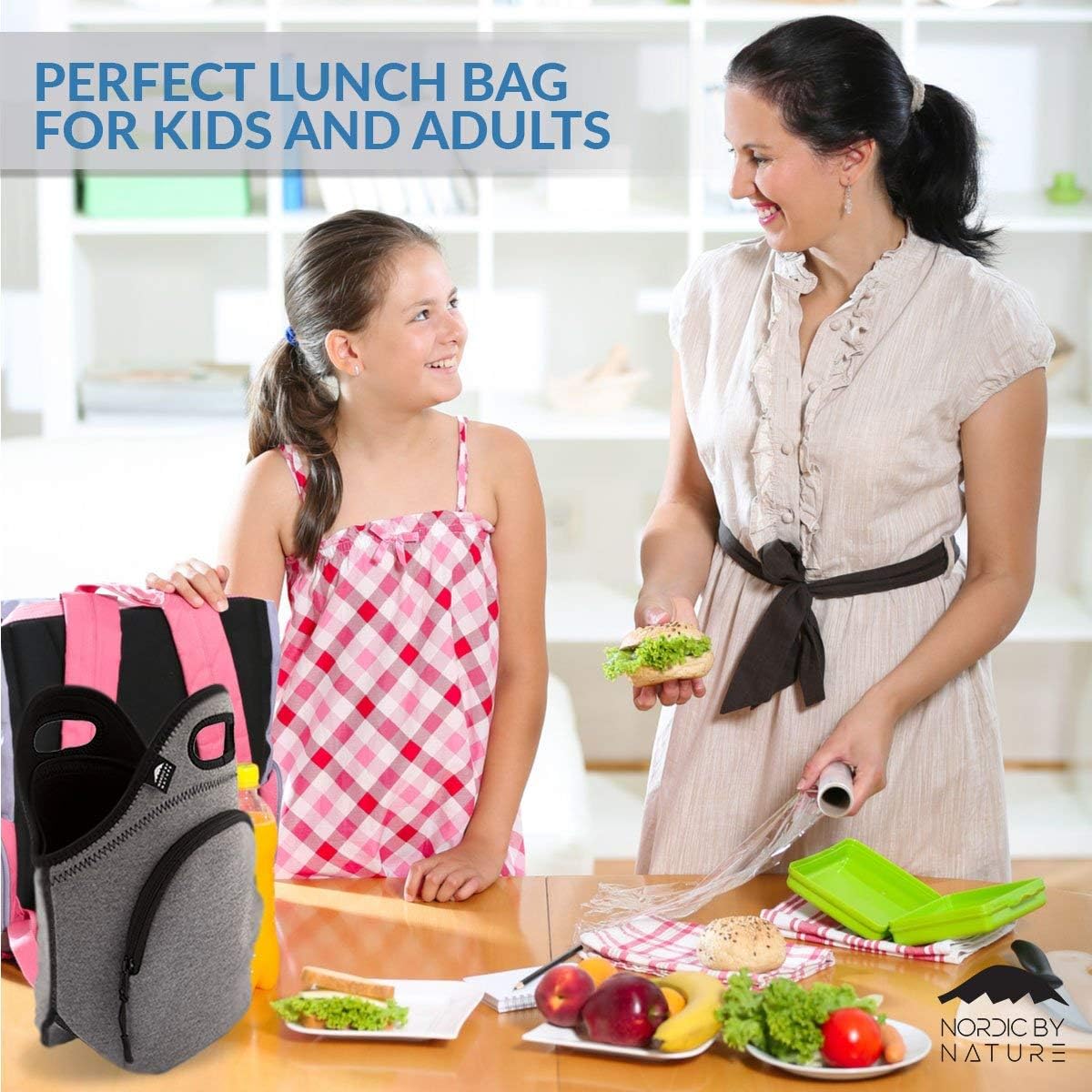 Nordic By Nature Large Neoprene Lunch Bag for Women & Lunch tote for Kids Insulated Lunch bag Reusable Washable Extra Thick Neoprene & Soft Cotton Feel, Premium Stitching, Outside Pocket, (L) Black