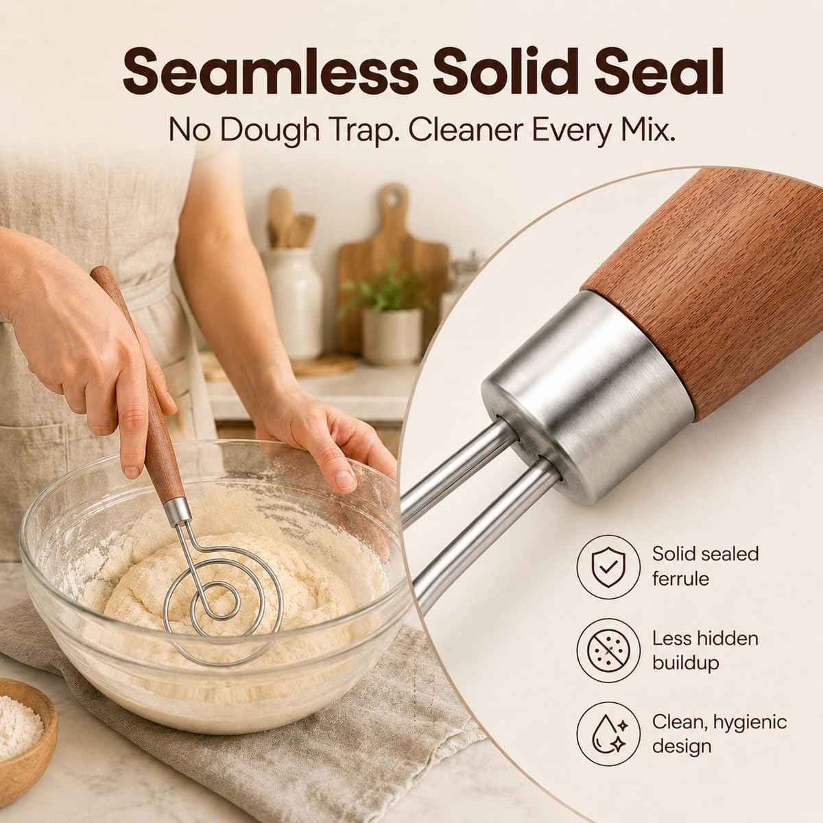 Danish Dough Whisk, 304 Stainless Steel Hook Bread Mixer for Sourdough