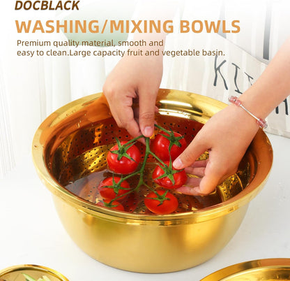 DOCBLACK Colander, 3Pcs Stainless Steel Kitchen Tool 3 in 1 Drain Basket Fruit and Vegetable Cutter Strainer Bowl Set Drain Pot Basket Grater for Fruits Vegetables Rice Washing Mixing - Gold