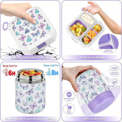 wiwens Bento Lunch Box for Kids with 12oz Soup Thermo Leak-Proof Lunch Food Container with 5 Compartment Thermo Hot Food Jar and Insulated Lunch Bag for Kid Toddler Girls Boys to School