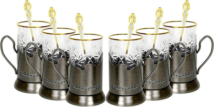 9-pc Russian Tea Set, 24 Karat Gold Banded Tempered Crystal Glasses with Metal Glass Holders with Handles and Matching Teaspoons Vintage Design (3 glass/spoon/holder)