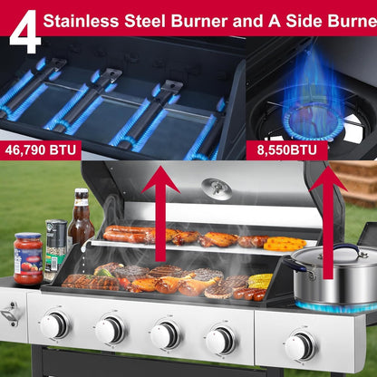 6-Burner BBQ Grill with Side Burner - 69,000 BTU Propane Gas Grill with Cast Iron Grate, Stainless Steel - 620 Sq. In. Cooking Area Cabinet Style Outdoor Grill for Barbecue & Backyard