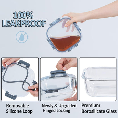 Glass Food Storage Containers with Lids, 4 Pack, Airtight, Leak Proof, BPA Free, Oven/Dishwasher Safe, Grey