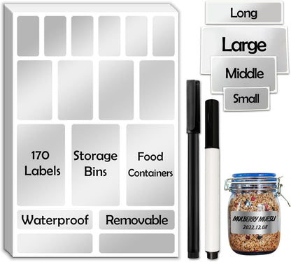 JIEHENG 170Pcs Black Removable Labels for Jars,for Storage Bins,for Food Containers with 2 Liquid Chalk Marker(Black)