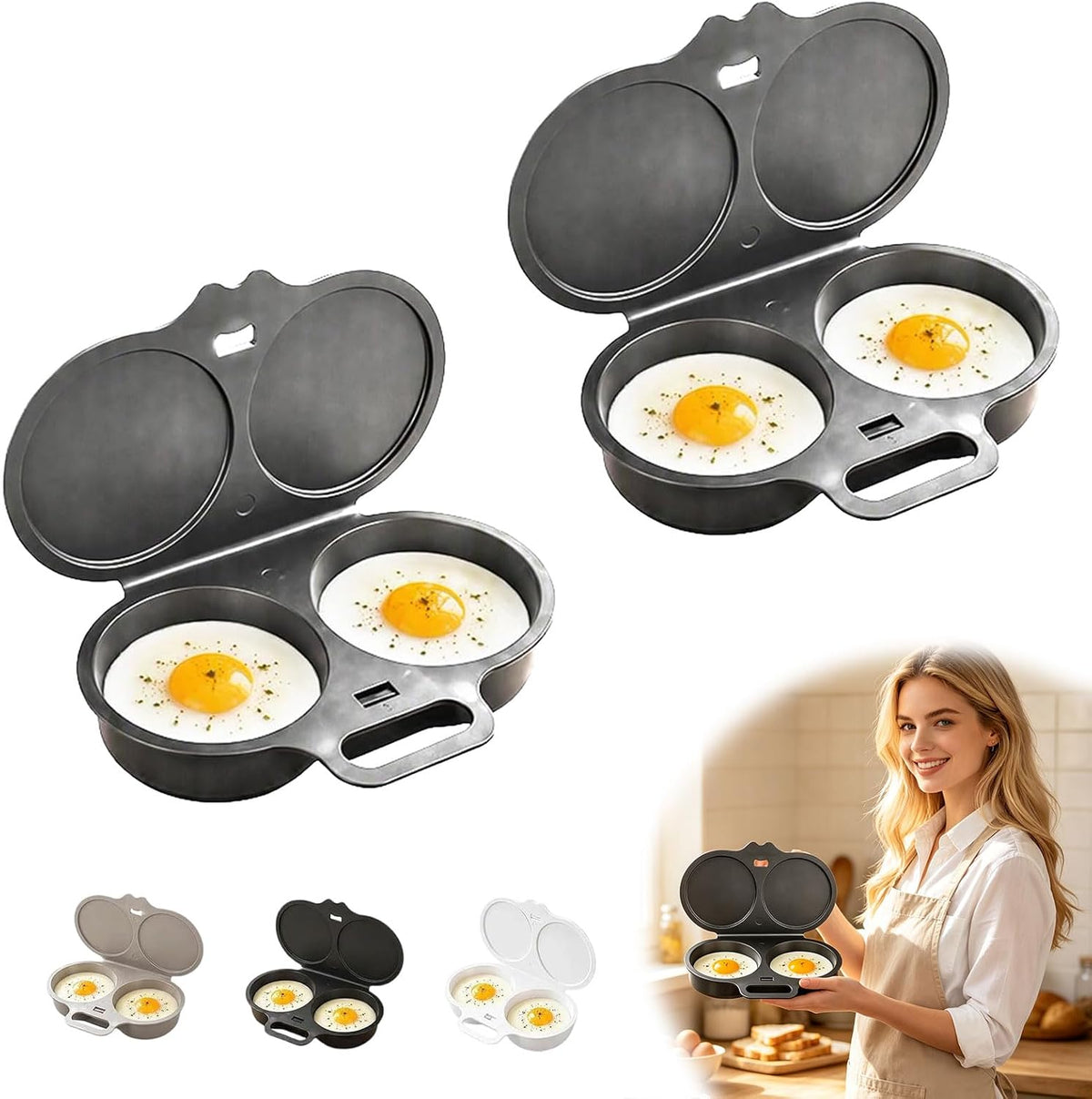 Dual Cavity Microwave Egg Poacher with Lid and Handle, Dark Gray