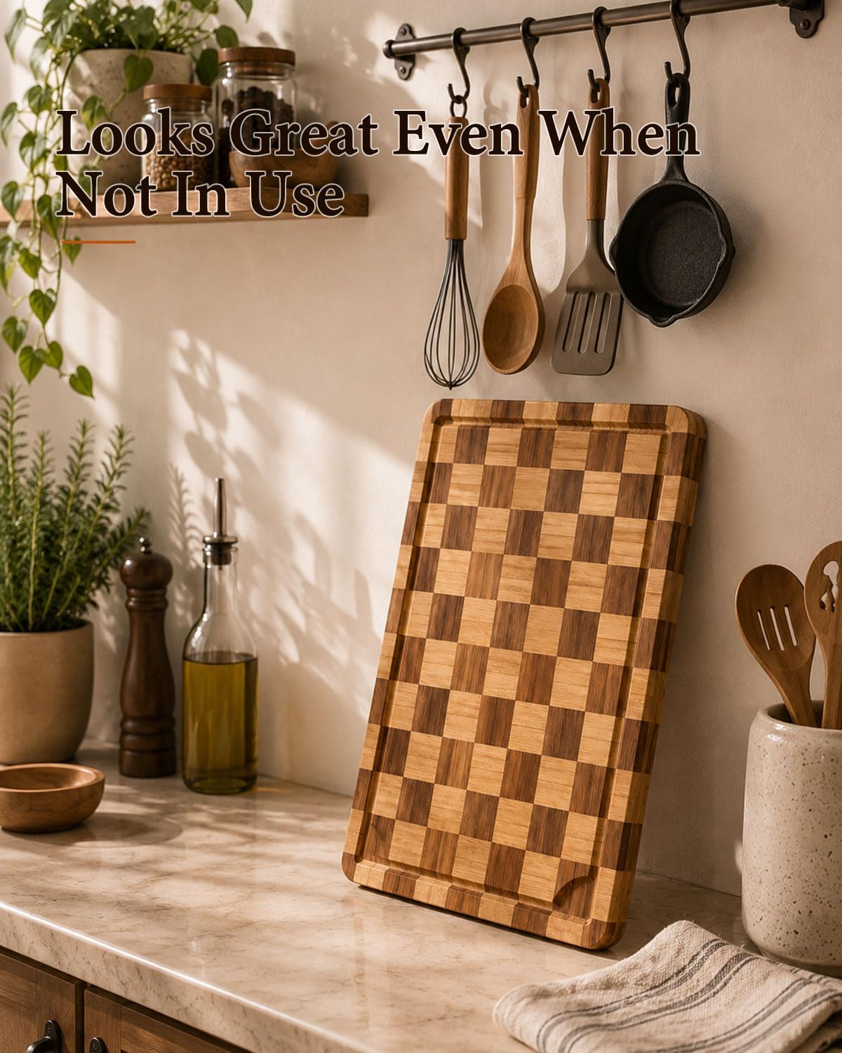Cutting Board,Heavy Duty Cutting Board Set of 3 with Stand,End Grain Butcher Block Cutting Boards for Kitchen with Juice Grooves and Handles for Meat, Cheese, Charcuterie and Serving