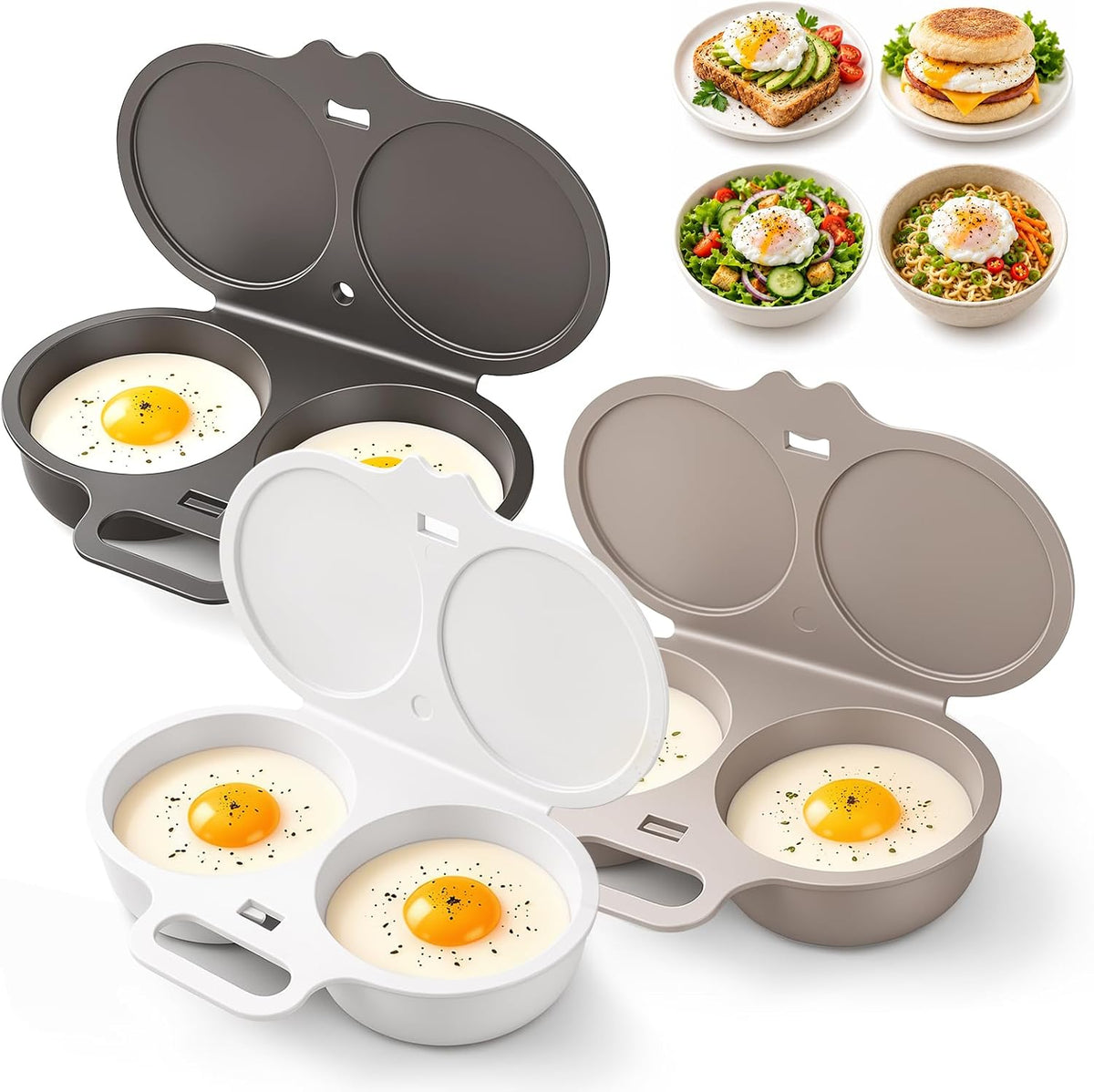 Dual Cavity Microwave Egg Poacher, White Egg Poacher, Quick Oil-Free Cooking Tool for 2 Eggs, Food-Grade PP Material, Portable Breakfast Maker with Lid and Easy-Grip Handle（Three-Color Set）
