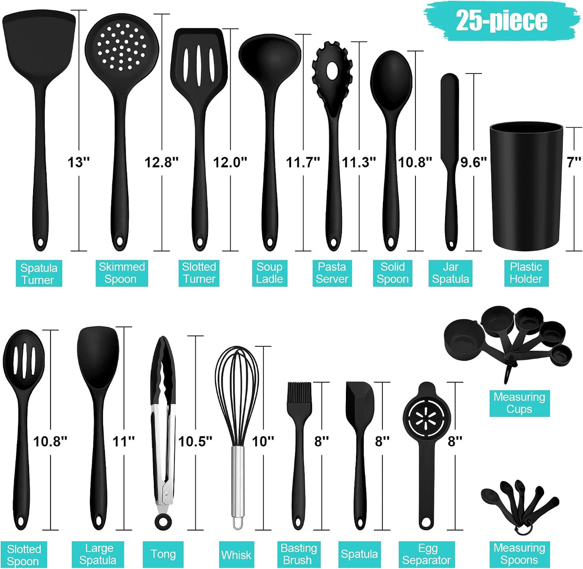 E-far Silicone Cooking Spoon Set of 2, Heat Resistant Kitchen Spoons Utensils Nonstick Mixing Spoon for Baking Stirring Serving, Non-Toxic & Dishwasher Safe (Black)