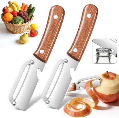 3-in-1 Stainless Steel Vegetable Peeler & Julienne Cutter with Bottle Opener - Multifunctional Kitchen Gadget for Fruits, Veggies, Camping & Daily Home Cooking(2-Pack) wooden