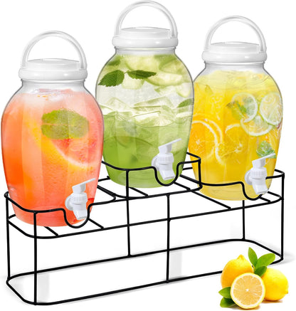 Tanlade 3 Pcs Plastic Drink Dispenser with Spigot and Metal Stand 1.2 Gallon Beverage Dispenser for Parties Juice Dispensers Lemonade Jar with Lids for Cold Drink Tea Water Container