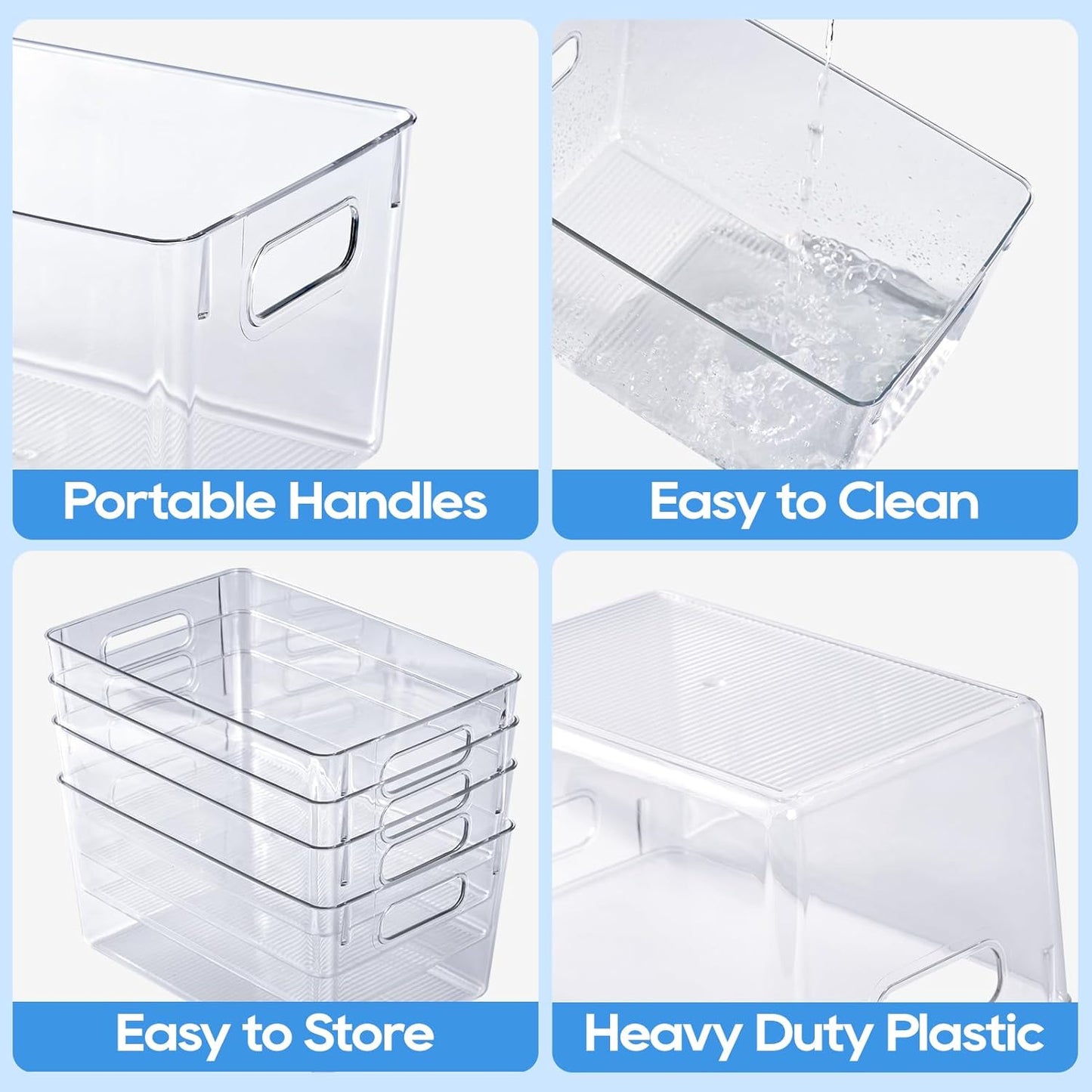 JollyPack 8 Pack Clear Plastic Storage Bins, Pantry Organizers and Storage with Handles, Clear Storage Containers for Fridge, Kitchen, Cabinet, Bathroom and Office