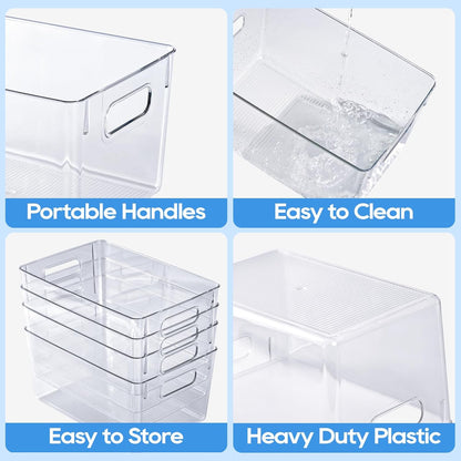 JollyPack 8 Pack Clear Plastic Storage Bins, Pantry Organizers and Storage with Handles, Clear Storage Containers for Fridge, Kitchen, Cabinet, Bathroom and Office