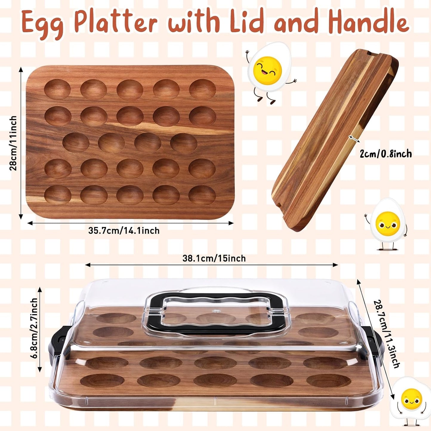 Baderke Easter Acacia Wood Deviled Egg Platter with Lid 24 Holes 15 x 11.3 Inch Deviled Egg Tray Reversible Wooden Charcuterie Board Serving Containers for Home Countertop Party Kitchen