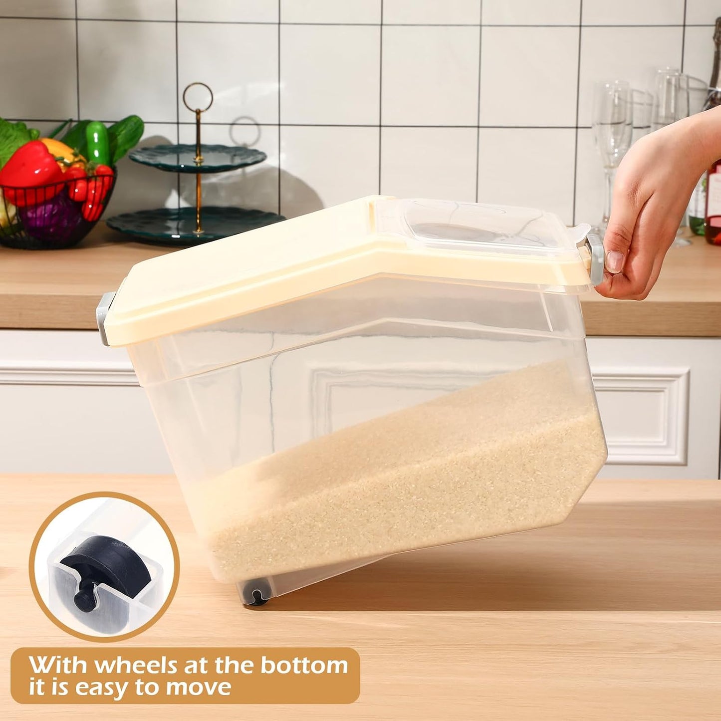 Sunnyray 4 Pcs Rice Storage Containers Bulk Flour Sugar Container Wheels Measuring Cups Set Airtight Pet Dog Cat Birds Food Bin Grain Cereal Organizer Box for Dry Baking (Beige,38 lb)