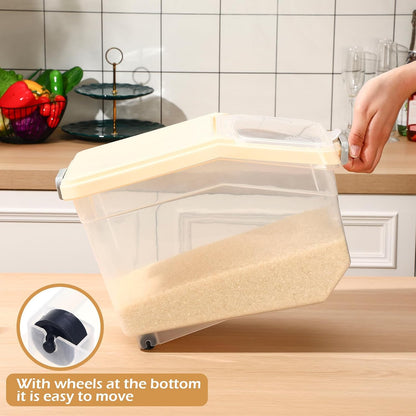 Sunnyray 4 Pcs Rice Storage Containers Bulk Flour Sugar Container Wheels Measuring Cups Set Airtight Pet Dog Cat Birds Food Bin Grain Cereal Organizer Box for Dry Baking (Beige,38 lb)