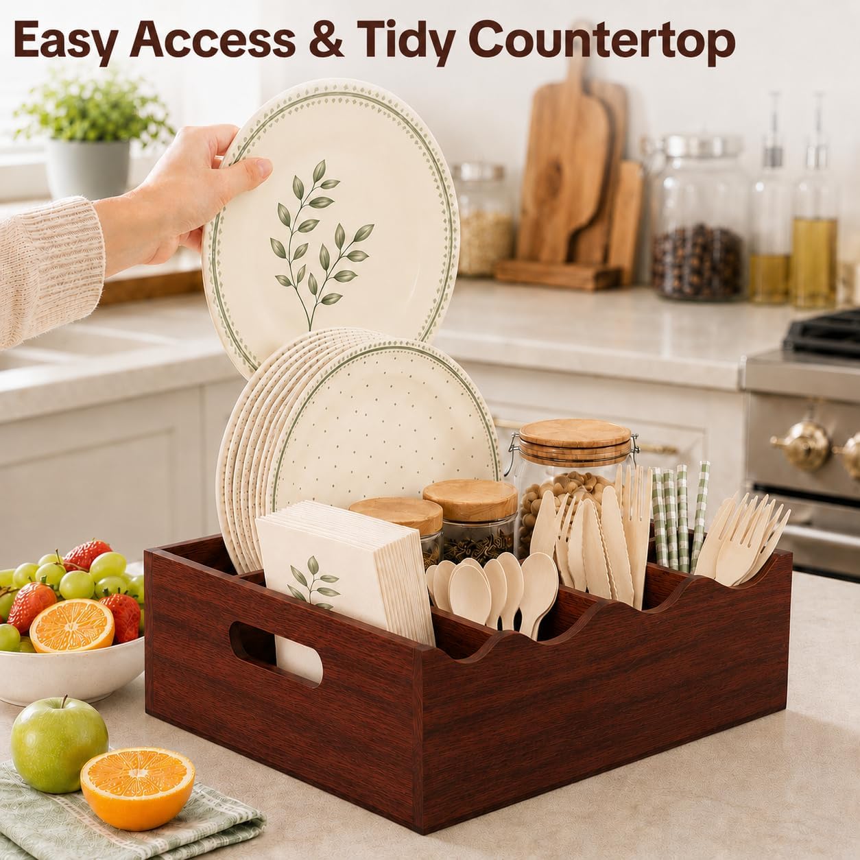 Utensil Holder & Silverware Organizer, Acacia Wood Kitchen Utensil Caddy for Countertop, 6 Compartment Paper Plate Holders & Dispenser, Wooden Cutlery Holder with Handle for Party, Natural Acacia