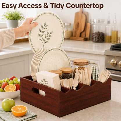 Utensil Holder & Silverware Organizer, Acacia Wood Kitchen Utensil Caddy for Countertop, 6 Compartment Paper Plate Holders & Dispenser, Wooden Cutlery Holder with Handle for Party, Natural Acacia
