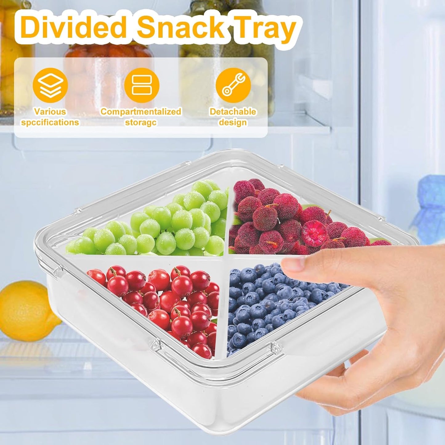 Qivine Veggie Tray with Lid for Fridge, Portable Vegetable Tray with Lid and Dip, 6 Compartments Divided Serving Tray with Lid and Handle, Round Veggie Trays for Serving for Party with 2 Clips
