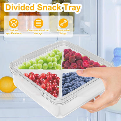 Qivine Veggie Tray with Lid for Fridge, Portable Vegetable Tray with Lid and Dip, 6 Compartments Divided Serving Tray with Lid and Handle, Round Veggie Trays for Serving for Party with 2 Clips