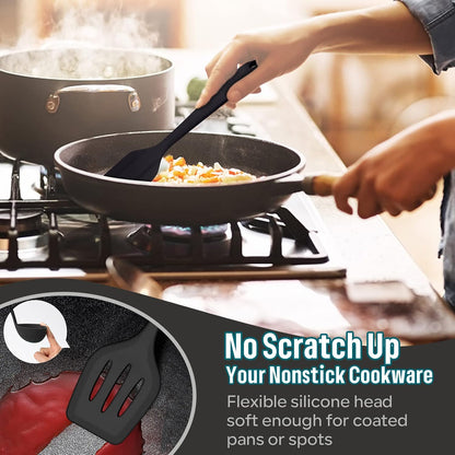 E-far Silicone Cooking Utensils Set, 7-Piece Black Heat Resistant Kitchen Utensils Set, Kitchen Nonstick Tools Spatula Ladle Spoon Pasta Server for Non-stick Cookware, Non-Toxic & Dishwasher safe