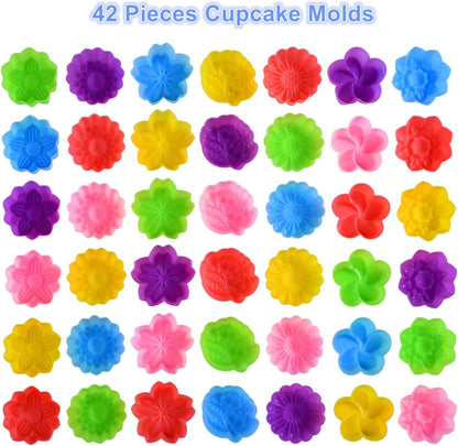 Reusable Silicone Baking Cups, 2 Inch Mini Size Silicone Cupcake Liners for baking, Multi Flower Shapes reusable Muffin Liners, Pack of 42