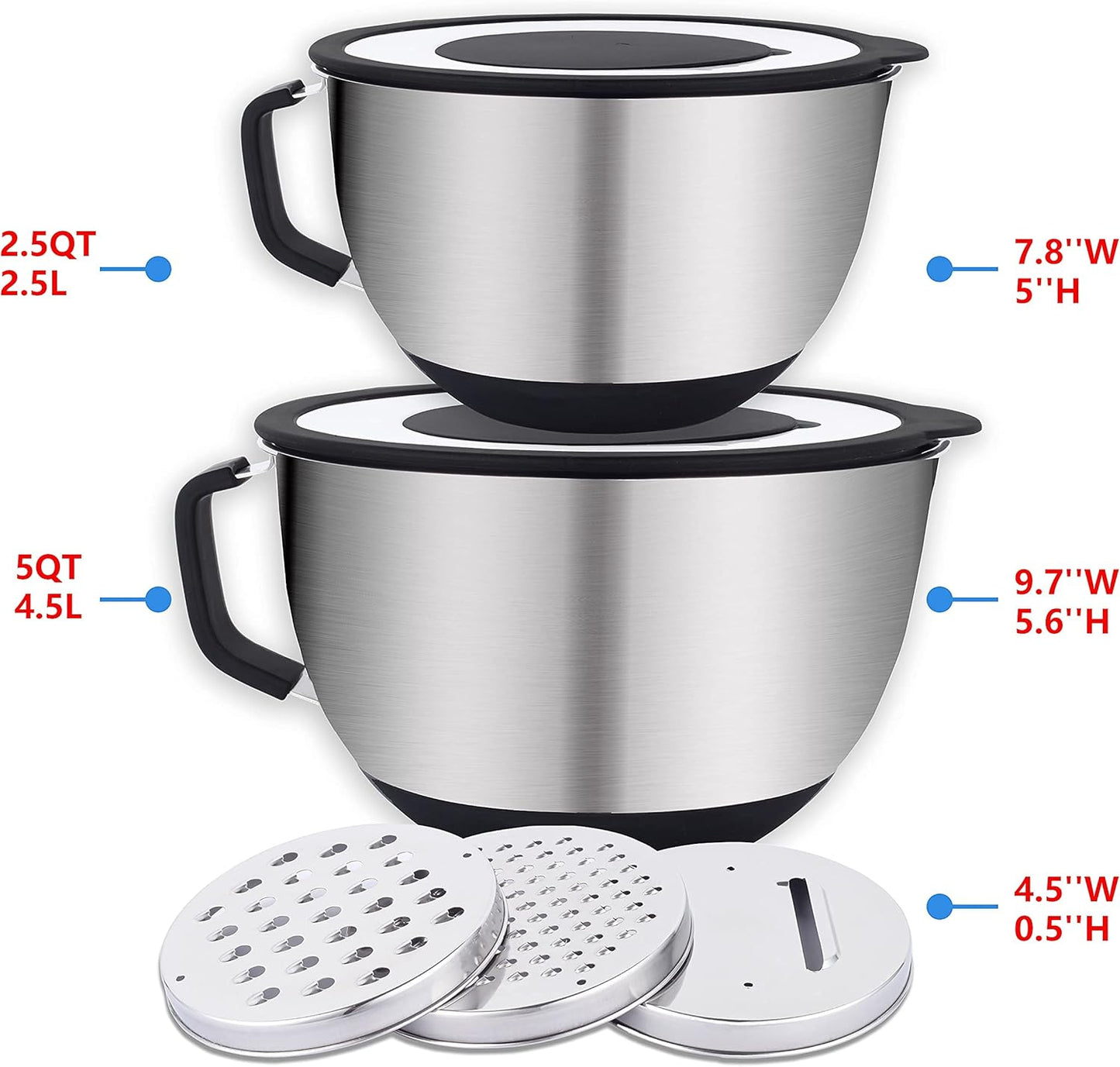 HAPPY KIT 304 Mixing Bowls with Lids Set of 2,Stainless Steel Mixing Bowl with Pour Spout, Non-slip Handle and Bottoms, 3 Grater Attachments, Measurement Marks & Lid, Size 5QT, 3QT(Red)