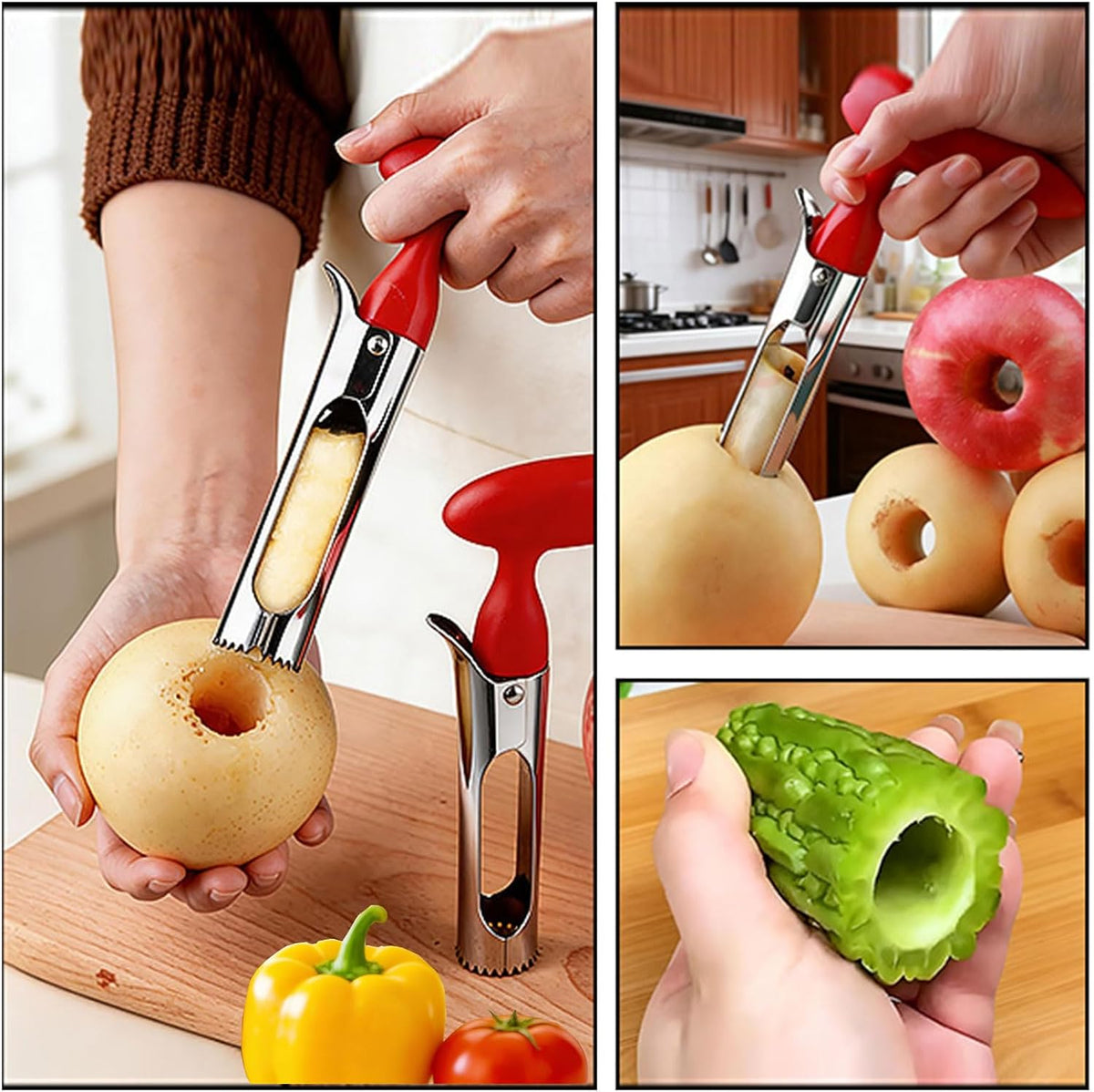 Apple Corer Tool, Stainless Steel Apple Core Remover with Safety Lid, Red