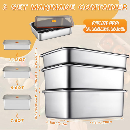 Reallnaive 2 Pcs Stainless Steel Marinade Containers with Lid, 5.6 Qt Metal Meat Brining Containers, Brining Prep Storage Box Dishwasher Safe Bpa Free for BBQ Tailgates Storage