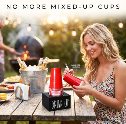 Cup Holder with Marker Slot, Mark Your Cup and Drink Up Cups Dispenser, Farmhouse Disposable Cups Organizer, Rustic Plastic Cups Caddy for Wedding Housewarming Party Decor