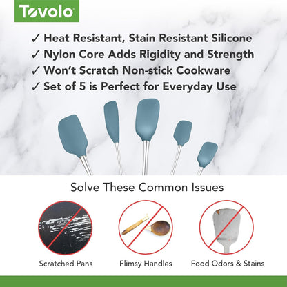 Tovolo Flex Core 5 Piece Silicone Spatula Set Heat Resistant All Silicone Utensils Include Non Stick Spatula Spoonula Jar Scraper, Dishwasher Safe BPA Free Spatulas for Baking Mixing, White