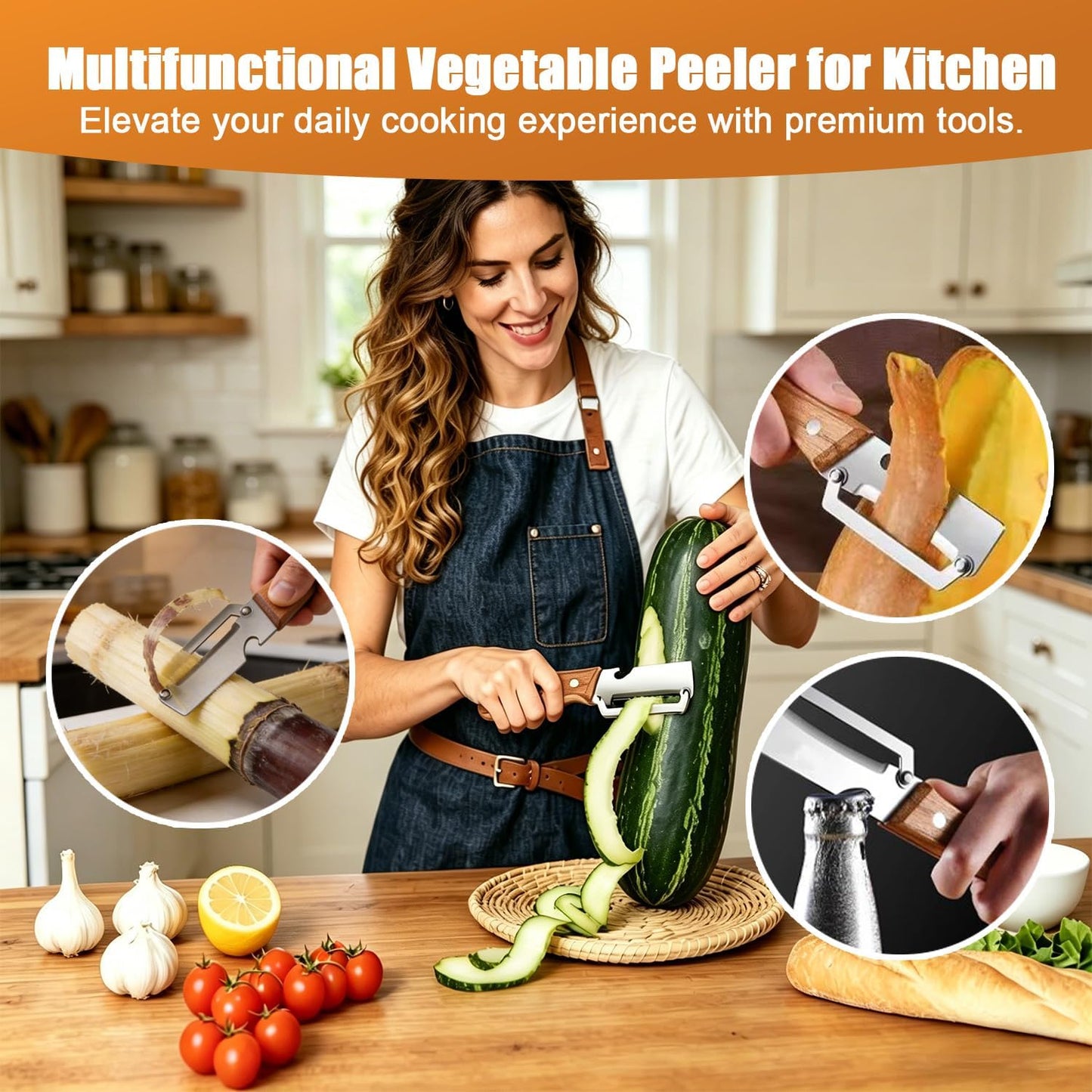 2PCS Multifunctional Vegetable Peeler for Kitchen,2-in-1 Stainless Steel Peeler Kitchen Tool with Wooden Handle and Bottle Opener for Fruit Apple Potato Pumpkin Papaya