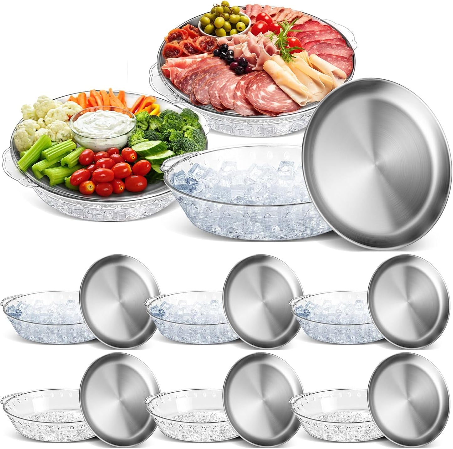 Baderke 3 Set 11.8" Chilled Serving Tray for Parties with Compartments Ice Chilled Party Platter Charcuterie Serving Board Cold Dish Dip for Fruit Seafood Vegetable Shrimp Cocktail (Natural)