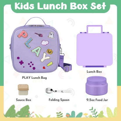Kids Bento Lunch Box with Thermo, Include 9oz Soup Thermo, Kids Leakproof Lunch Box with 4 Compartment, Insulated Lunch Bag for Girls Boys to School Travel