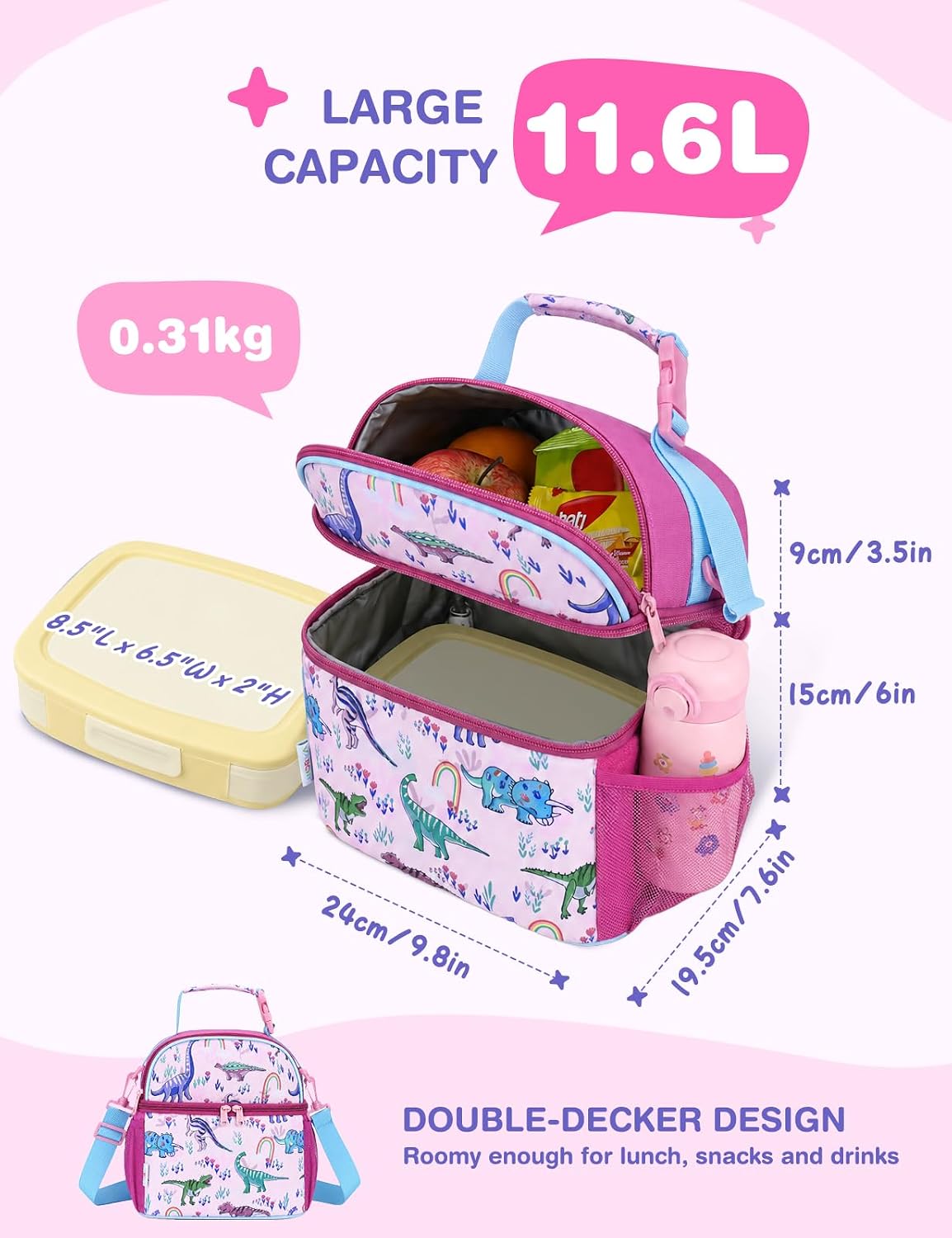 VASCHY Lunch Box Bag for Kids, Insulated Double Compartments Cooler Lunch Tote for Toddlers Boys Girls School/Daycare/Picnic Black Dinos